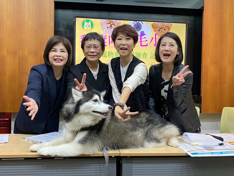 跨黨派立委賴惠員(左起)、陳椒華、陳亭妃與吳思瑤12日圍著哈士奇「吉心」拍照,呼籲政府檢討目前狗狗公園的分布狀況。(主辦單位提供)