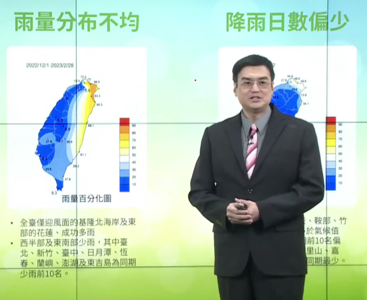 氣象預報中心副主任陳怡良7日說,中南部冬季累計雨量不足4成,顯著降雨要等到梅雨季,屆時才有可能緩解旱象。(直播截圖)