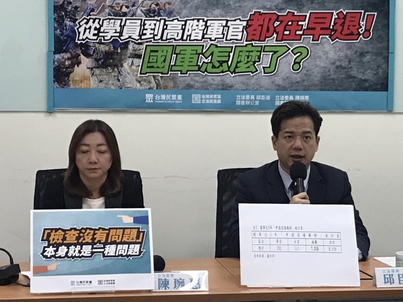 民眾黨立委邱臣遠(右)、陳婉惠(左)13日指出,國軍近3年有超過8千年申請退場,未來恐陷無可用的狀況。(Photo by 簡嘉佑/台灣醒報)