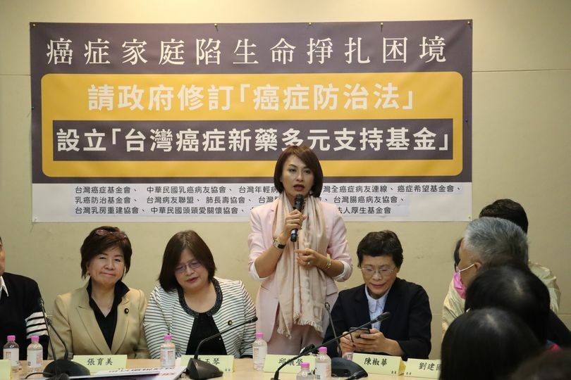 國民黨張育美(左起)、民進黨吳玉琴、邱議瑩與時代力量陳椒華等跨黨派立委20日召開記者會共同呼籲,政府成立台灣癌症新藥多元支持基金,保障癌友的權益。(臉書截圖)