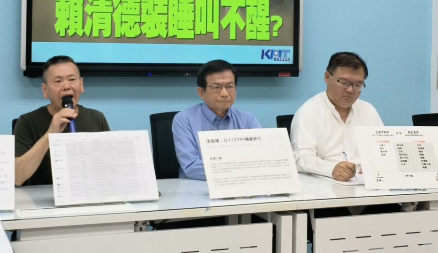 國民黨立委林為洲(左起)、賴士葆與李德維3日召開記者會痛批,民進黨一味拒絕服貿,其實就是為了選舉考量。(國民黨提供)
