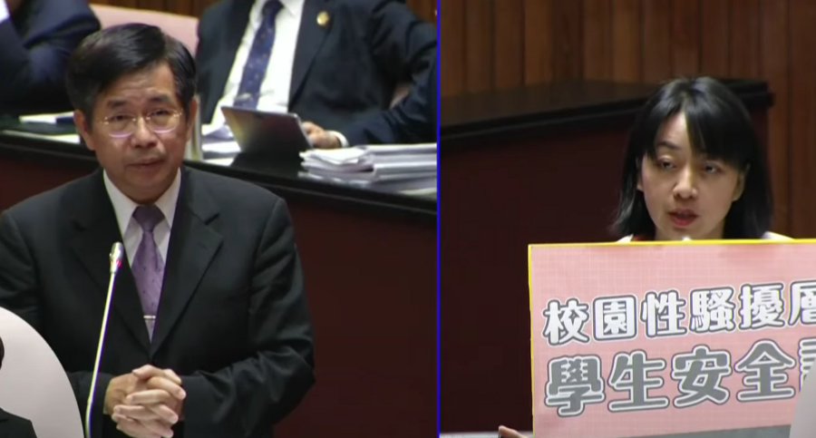 時代力量立委王琬諭(右)18日指出,擴大調查校園性騷擾事件應納入本次修法,教育部長潘文忠(左)回應,擴大調查是修法方向。(國會頻道)