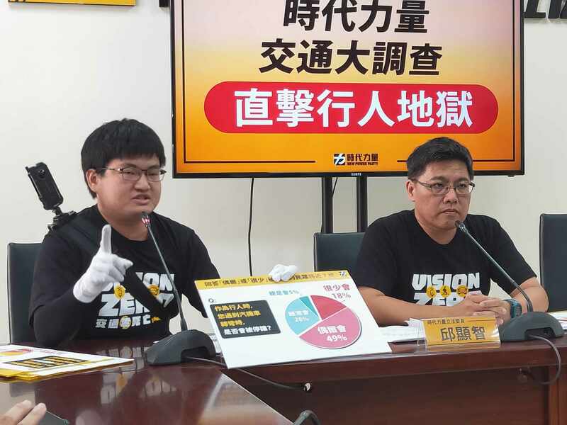 時代力量立委邱顯智(左起)與交通YT「貓頭鷹交通書」14日呼籲政府增設行人道。(Photo by 呂翔禾/台灣醒報)