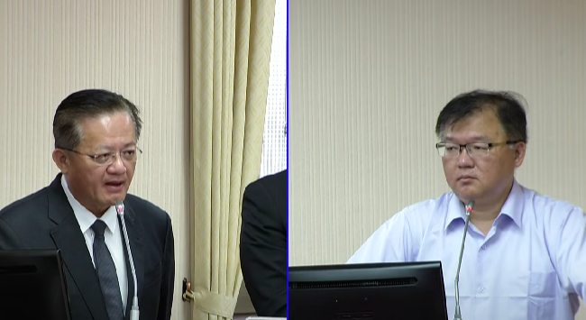國民黨立委李德維(右)4日於立法院質詢消防人力不足的問題時,消防署署長蕭煥章(左)回應說,台灣有4萬多名義消。(直播截圖)