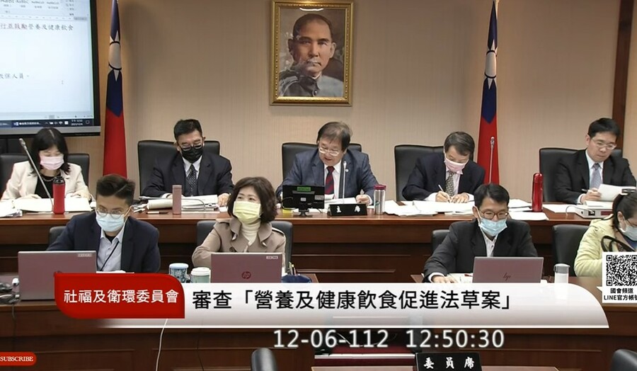 立法院衛環委員會6日審查《營養及健康飲食促進法》草案,立委就飲食指引相關規定與衛福部官員討論。(直播截圖)