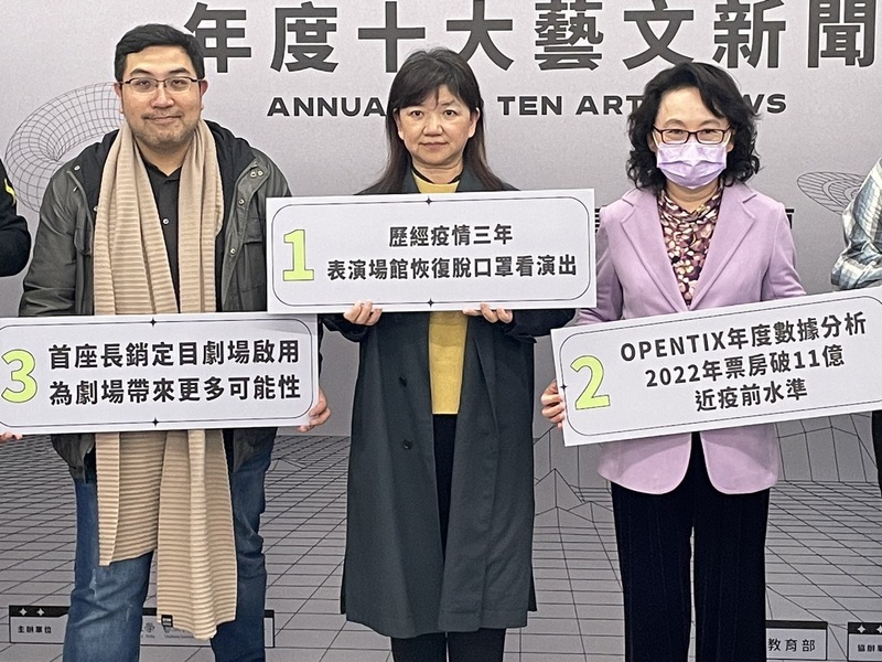 文化部政務次長李靜慧(中)與台北藝術大學副校長劉蕙苓(右)28日召開記者會公布「年度十大藝文新聞」。(Photo by 簡嘉佑/台灣醒報)