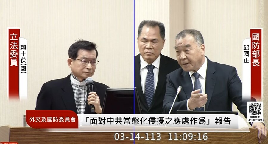 國防部長邱國正14日在立法院備詢,被立委與媒體詢問美軍駐台與協防台灣等事宜。(影片截圖)