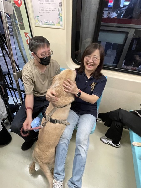 台北捷運31日響應國際寵物日,於31日推出「寵物友善列車」,台北市副市長林奕華一搭上捷運,就有黃金獵犬就撲上來。(Photo by 簡嘉佑/台灣醒報)