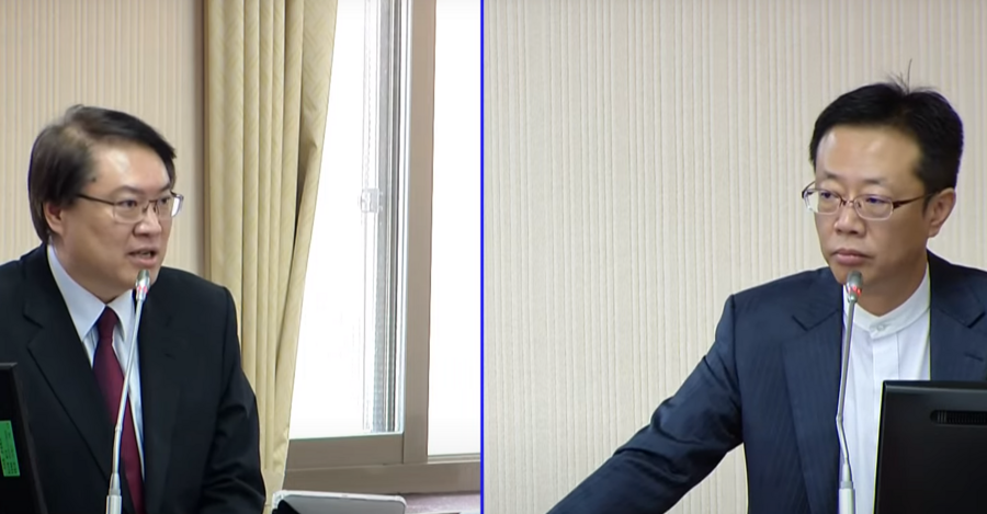 民進黨立委張宏陸(右)8日於立法院質詢內政部長林右昌(左)。(直播截圖)