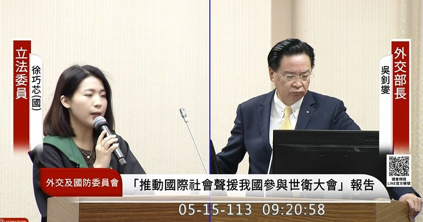 國民黨立委徐巧芯15日在外交國防委員委員會質詢時,打扮成巫師模樣,還送外交部長吳釗燮芒果乾。(直播截圖)