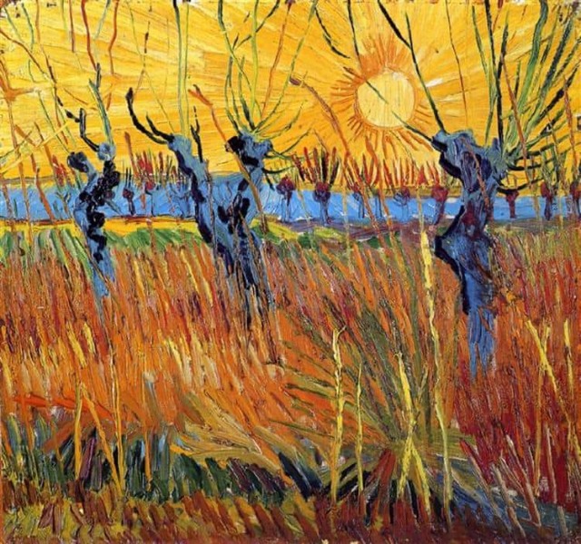 富邦公布的第二幅梵谷作品:《Pollard Willows and Setting Sun》,強調猛烈的筆觸與厚重的顏料,表達西下日落的炙熱。(富邦提供)